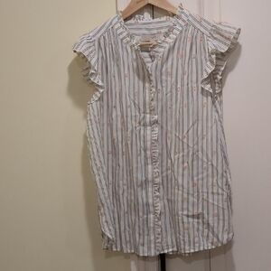 LOFT Ruffle Sleeve Striped Blouse - White and Pink